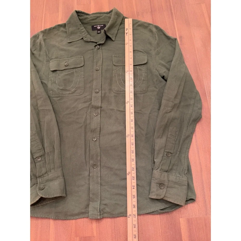 True Religion Mens Olive Green Horseshoe Pocket Flannel Button Down Shirt Medium